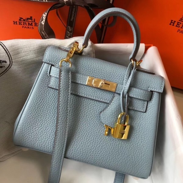 Replica Hermes Kelly 20cm Bag In Blue Lin Clemence Leather GHW