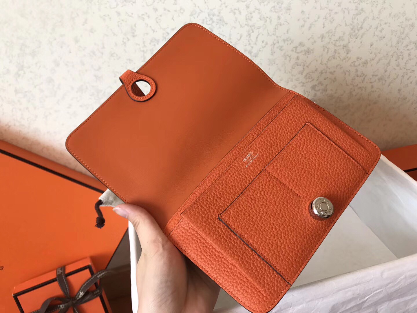 Replica Hermes Dogon Duo Wallet In Orange Clemence Leather