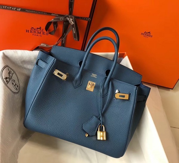 Hermes Birkin 25cm Handbag In Blue Agate Clemence Leather QY00272