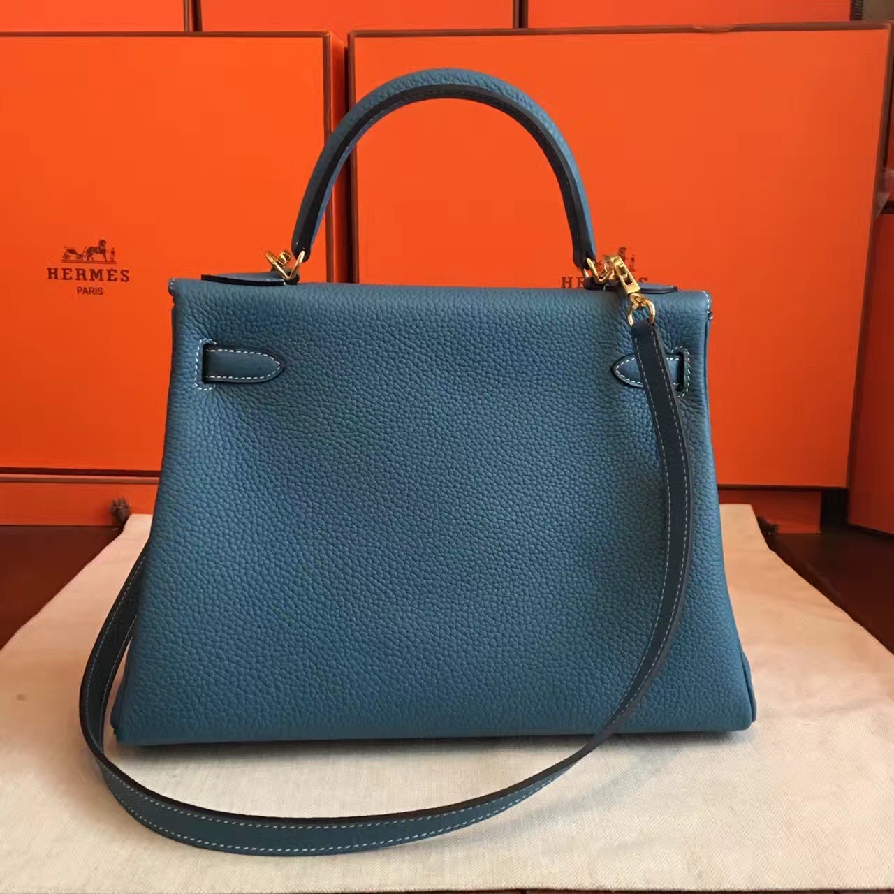 Hermes Kelly 25 Handbag CC75 Blue Jean Swift And Canvas SHW