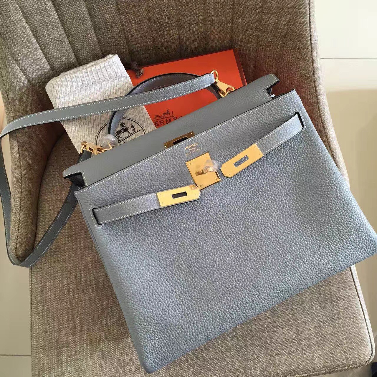 Hermès Kelly 35 Clemence Bleu Lin