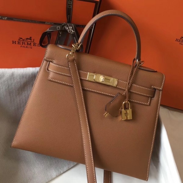 Kelly 28 leather handbag Hermès Brown in Leather - 18783783