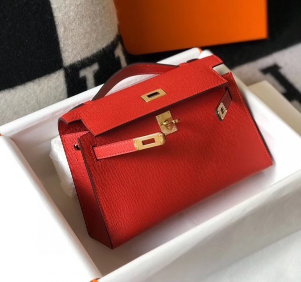 Replica Hermes Kelly Pochette Bag In Red Epsom Leather