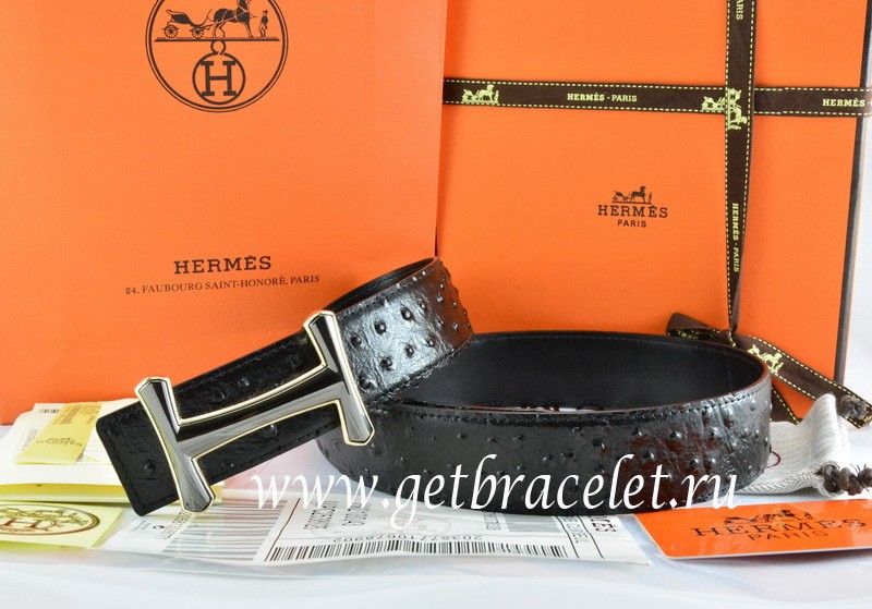Hermes Reversible Belt Black/Black Ostrich Stripe Leather With 18K