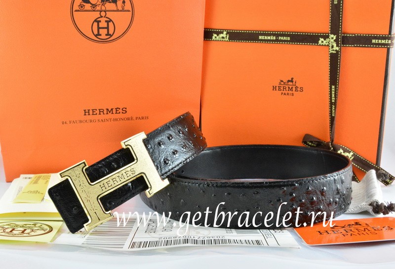 Hermes Reversible Belt Black/Black Ostrich Stripe Leather With 18K Gold
