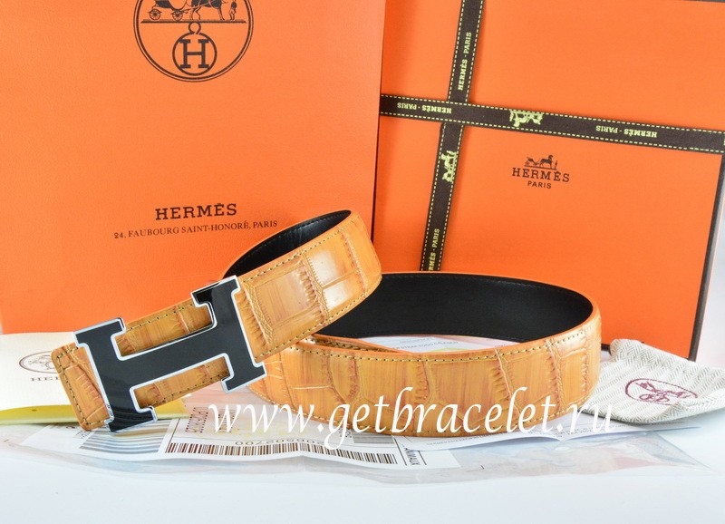 Hermes Reversible Belt Orange/Black Crocodile Stripe Leather With18K