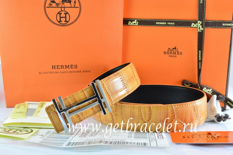 Hermes Reversible Belt Orange/Black Crocodile Stripe Leather With18K