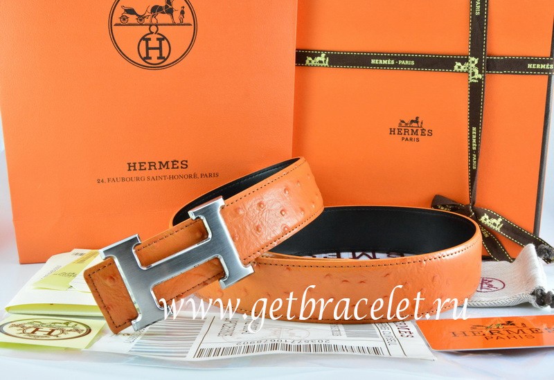 Hermes Reversible Belt Orange/Black Ostrich Stripe Leather With 18K