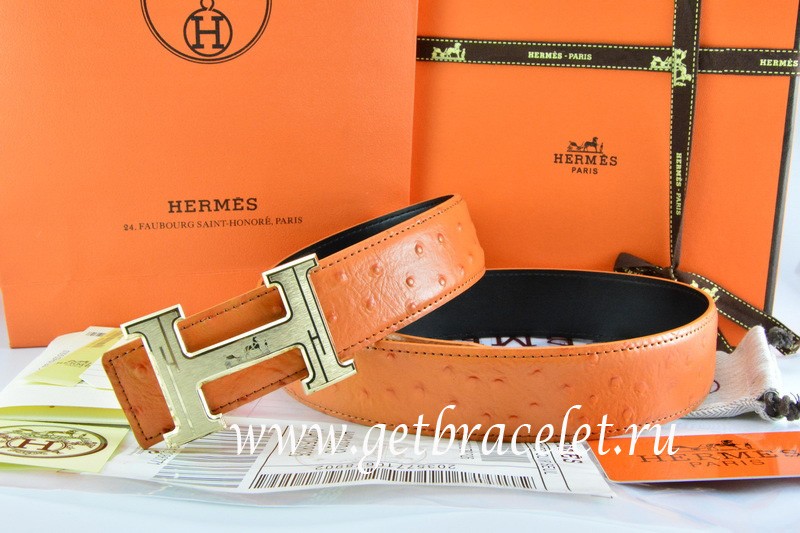 Hermes Reversible Belt Orange/Black Ostrich Stripe Leather With 18K