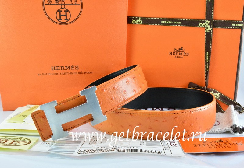Hermes Reversible Belt Orange/Black Ostrich Stripe Leather With 18K