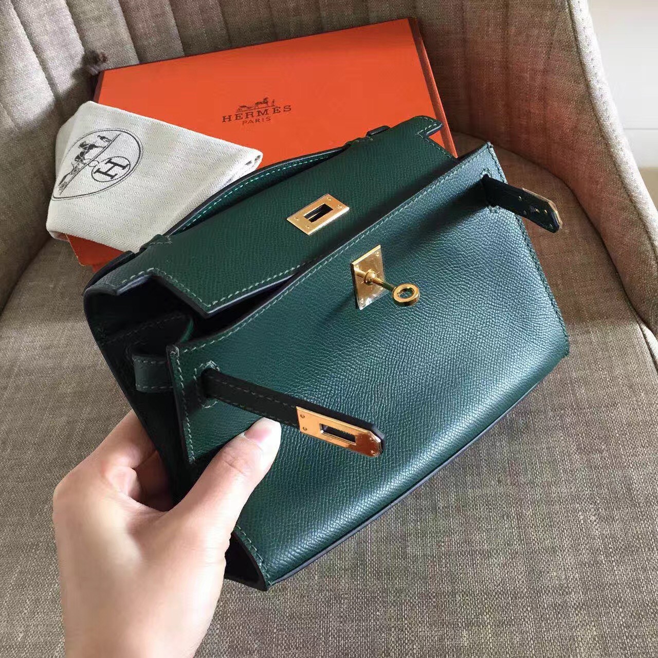 HERMES Epsom Kelly Pochette Clutch Malachite 250921