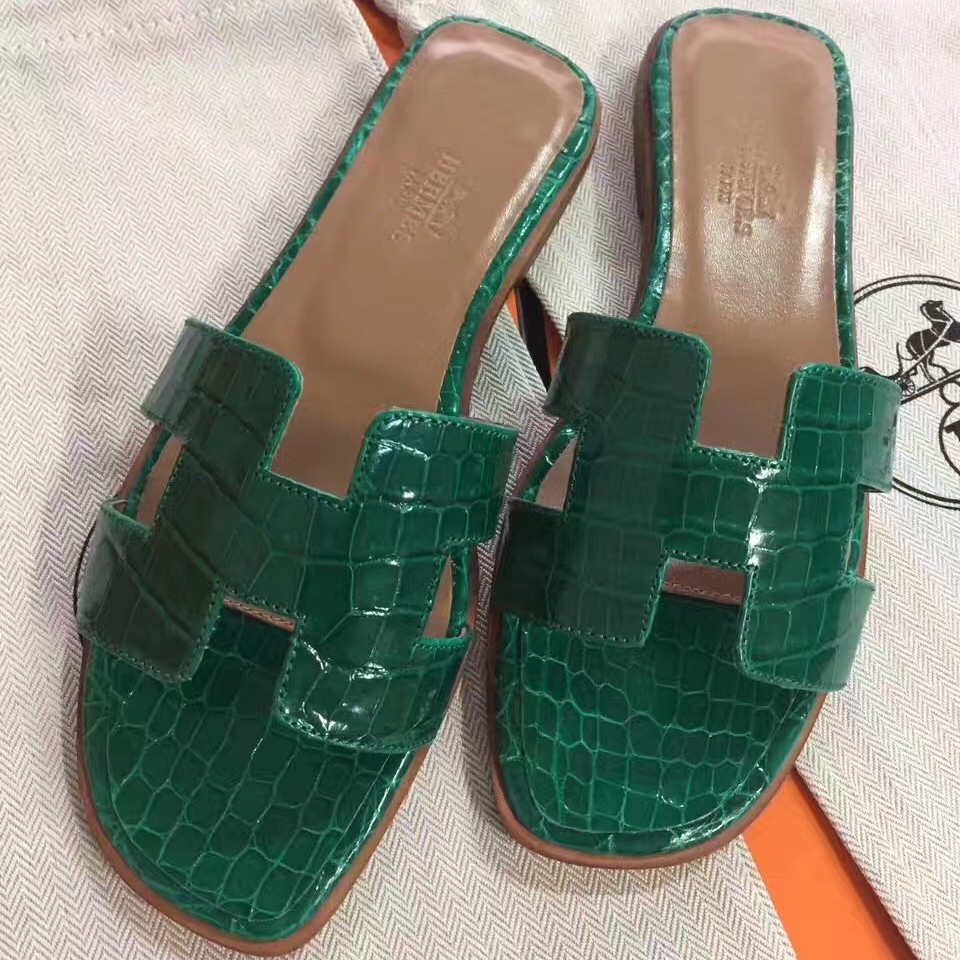 Imitation Hermes Green Crocodile Oran Sandals QY00362 | Hermes Shoes