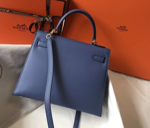 Replica Hermes Kelly 32cm Bag In Blue Agate Clemence Leather GHW