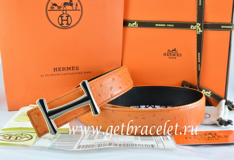 Imitation Hermes Reversible Belt Orange/Black Ostrich Stripe Leather