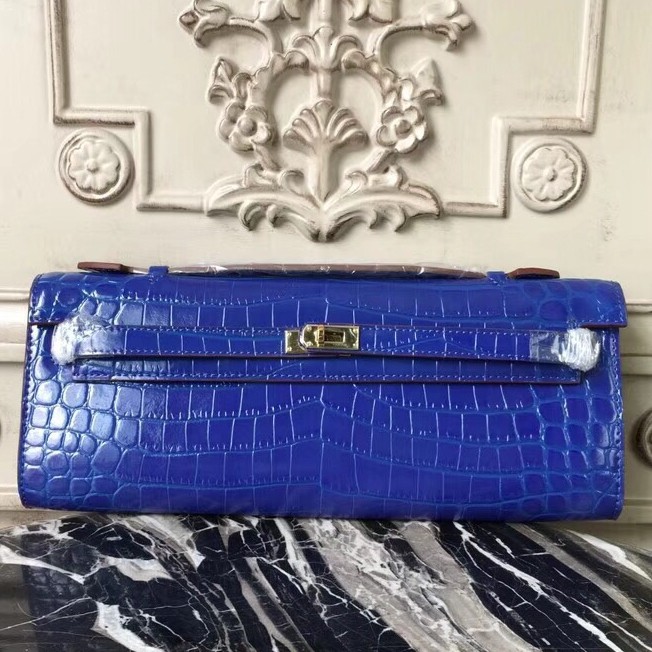 Hermes Kelly Cut Blue Sapphire Crocodile Clutch Bag Gold Hardware