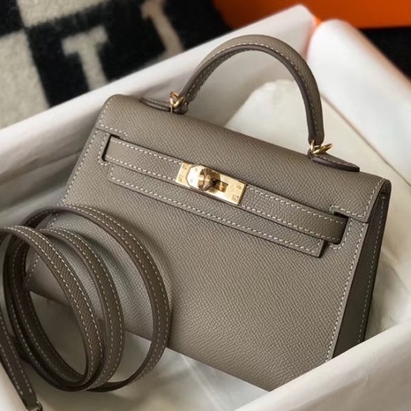 Replica Hermes Kelly Mini II Handbag In Gris Asphalt Epsom Leather