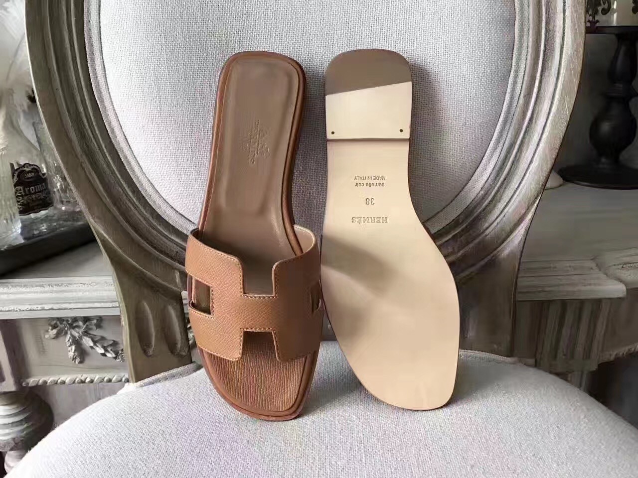 Replica Hermes Oran Sandals In Beige Ostrich Leather