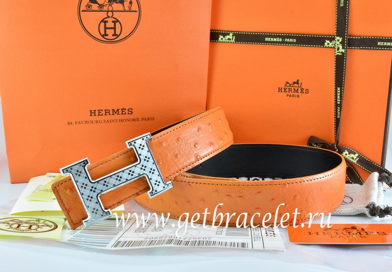 Replica Hermes Reversible Belt Orange/Black Ostrich Stripe Leather With