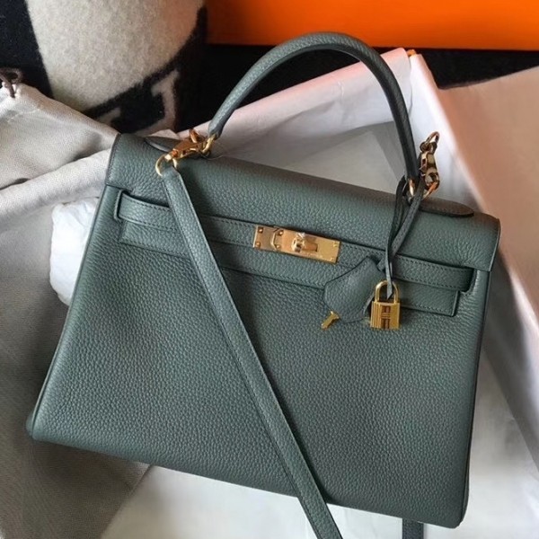 Replica Hermes Vert Amande Clemence Kelly 32cm Retourne Handbag