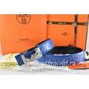AAA Imitation Hermes Reversible Belt Blue/Black Ostrich Stripe Leather With 18K Silver Coach Buckle QY00404