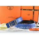 Copy AAAAA Hermes Reversible Belt Blue/Black Ostrich Stripe Leather With 18K Silver Lace Strip H Buckle QY02081