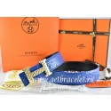 Copy Hermes Reversible Belt Blue/Black Ostrich Stripe Leather With 18K Gold Spot Stripe H Buckle QY02211