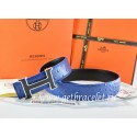 Fake Hermes Reversible Belt Blue/Black Ostrich Stripe Leather With 18K Black Silver Narrow H Buckle QY02151