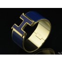 Hermes Blue Enamel Clic H Bracelet Narrow Width (33mm) In Gold QY01898