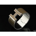 Hermes Brown Enamel Clic H Bracelet Narrow Width (33mm) In Silver QY00323