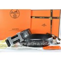 Hermes Reversible Belt Black/Black Crocodile Stripe Leather With18K Silver Wave Stripe H Buckle QY01093