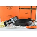 Hermes Reversible Belt Black/Black Ostrich Stripe Leather With 18K Silver Wave Stripe H Buckle QY00240