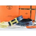 Hermes Reversible Belt Blue/Black Crocodile Stripe Leather With18K Gold H Buckle QY00042