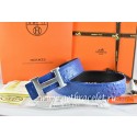 Hermes Reversible Belt Blue/Black Ostrich Stripe Leather With 18K Drawbench Silver H Buckle QY01525