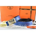Hermes Reversible Belt Blue/Black Ostrich Stripe Leather With 18K Gold Big H Buckle QY00787