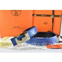 Hermes Reversible Belt Blue/Black Ostrich Stripe Leather With 18K Gold Coach Buckle QY00528