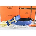 Hermes Reversible Belt Blue/Black Ostrich Stripe Leather With 18K Gold Geometric Stripe H Buckle QY00738