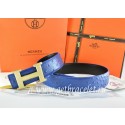 Hermes Reversible Belt Blue/Black Ostrich Stripe Leather With 18K Gold Wave Stripe H Buckle QY00081