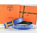Hermes Reversible Belt Blue/Black Ostrich Stripe Leather With 18K Orange Silver Narrow H Buckle QY02226