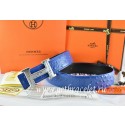 Hermes Reversible Belt Blue/Black Ostrich Stripe Leather With 18K Silver Geometric Stripe H Buckle QY00293
