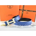 Hermes Reversible Belt Blue/Black Ostrich Stripe Leather With 18K White Gold H Buckle QY02239