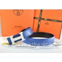 Hermes Reversible Belt Blue/Black Ostrich Stripe Leather With 18K White Silver H Buckle QY00542