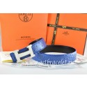 Hermes Reversible Belt Blue/Black Ostrich Stripe Leather With 18K White Silver H Buckle QY00542