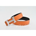 Hermes Reversible Belt Orange/Black Classics H Togo Calfskin With 18k Silver With Logo Buckle QY00156