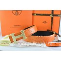 Hermes Reversible Belt Orange/Black Ostrich Stripe Leather With 18K Drawbench Gold H Buckle QY02167