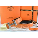 Hermes Reversible Belt Orange/Black Ostrich Stripe Leather With 18K Drawbench Silver H Buckle QY00651