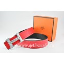 Hermes Reversible Belt Red/Black Togo Calfskin With 18k Silver Weave Stripe H Buckle QY01868