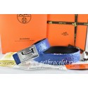 Imitation Hermes Reversible Belt Blue/Black Ostrich Stripe Leather With 18K Silver Big H Buckle QY00808