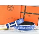 Imitation High Quality Hermes Reversible Belt Blue/Black Ostrich Stripe Leather With 18K White Silver Narrow H Buckle QY02132