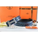 Knockoff Best Quality Hermes Reversible Belt Blue/Black Crocodile Stripe Leather With18K Silver Wave Stripe H Buckle QY00275