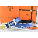 Knockoff Hermes Reversible Belt Blue/Black Ostrich Stripe Leather With 18K Silver Weave Stripe H Buckle QY00046